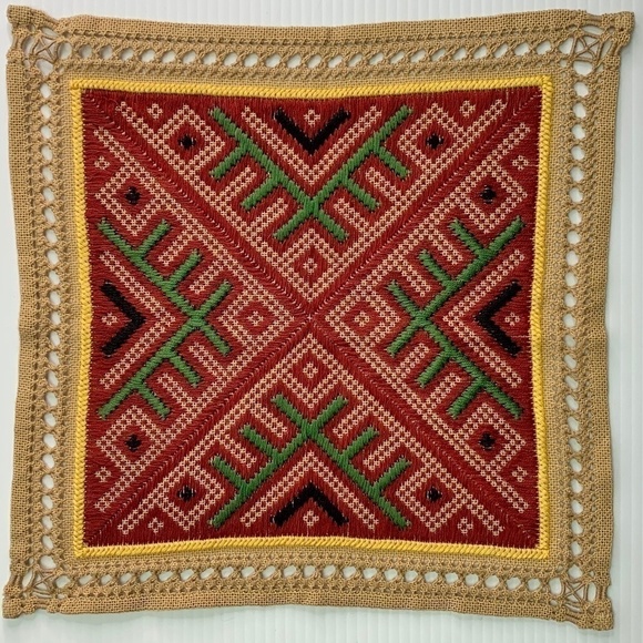 Woven Fabric Table Square Red Vintage Global Decor Boho 10" x 10" - Picture 1 of 8